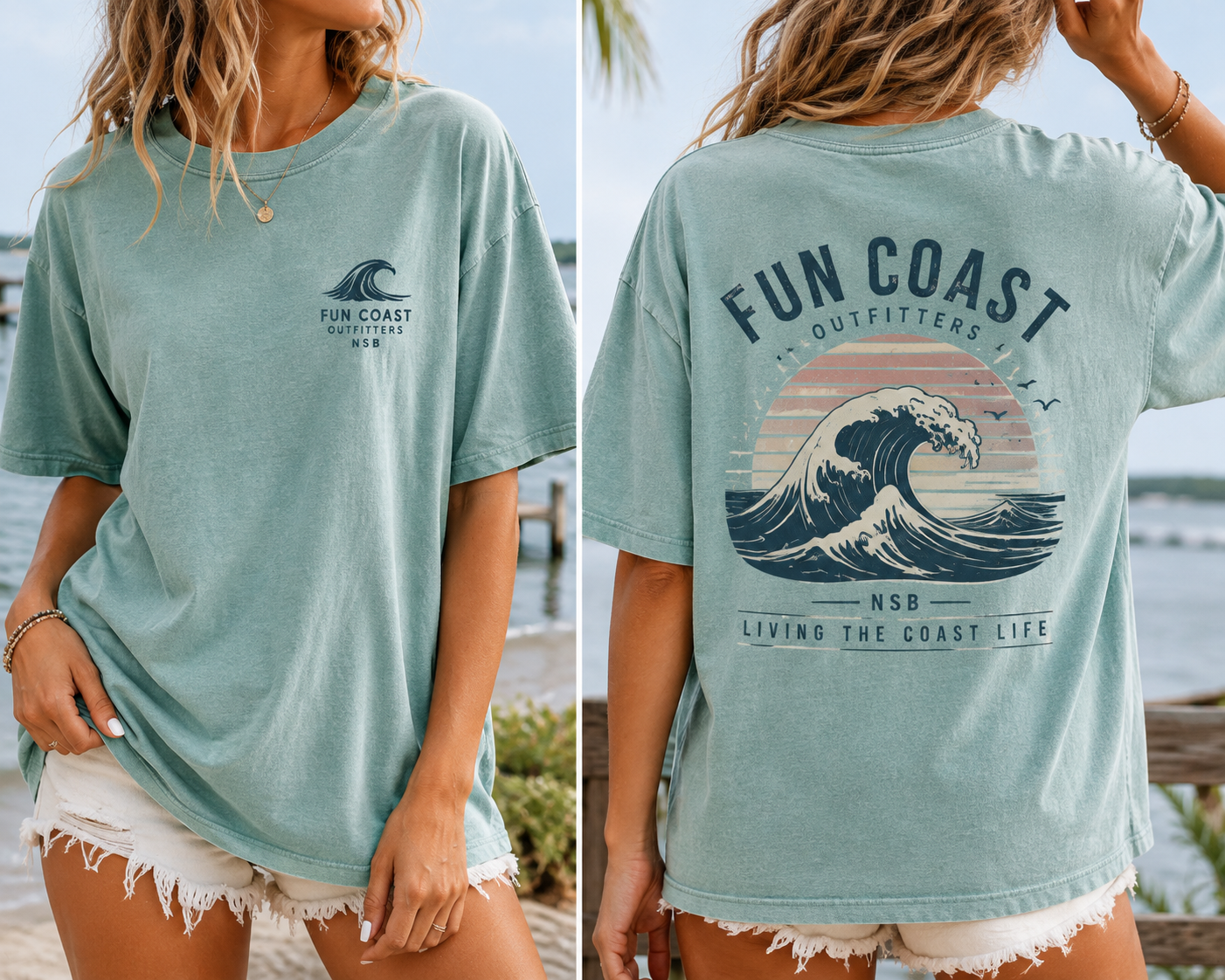 FCO Fun Coast Outfitters graphic tee front and back - seafoam green coastal lifestyle