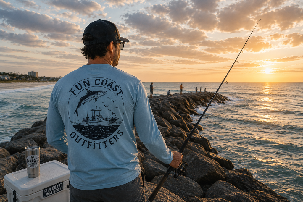 Man wearing Fun Coast Outfitters long sleeve graphic tee fishing on the rocks at sunset