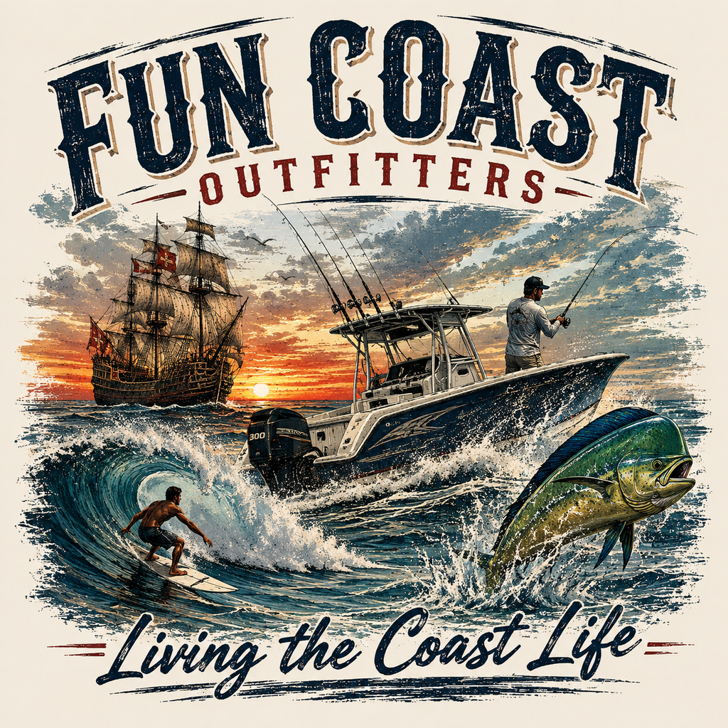 Fun Coast Outfitters – Living the Coast Life tee graphic with surfer, fishing boat, tall ship and mahi-mahi