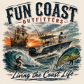 Fun Coast Outfitters – Living the Coast Life tee graphic with surfer, fishing boat, tall ship and mahi-mahi