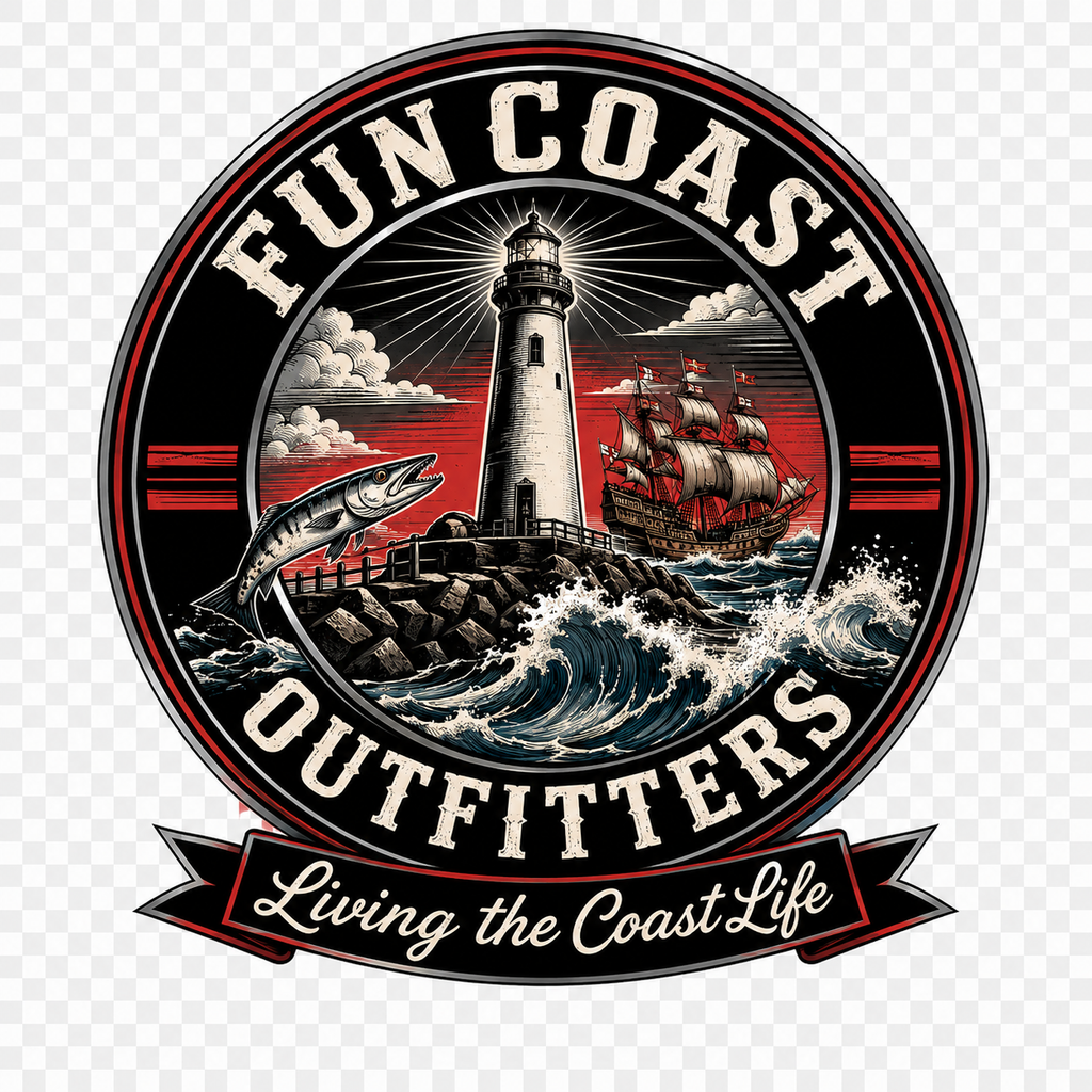 Fun Coast Outfitters badge logo – lighthouse, tall ship, fish, Living the Coast Life