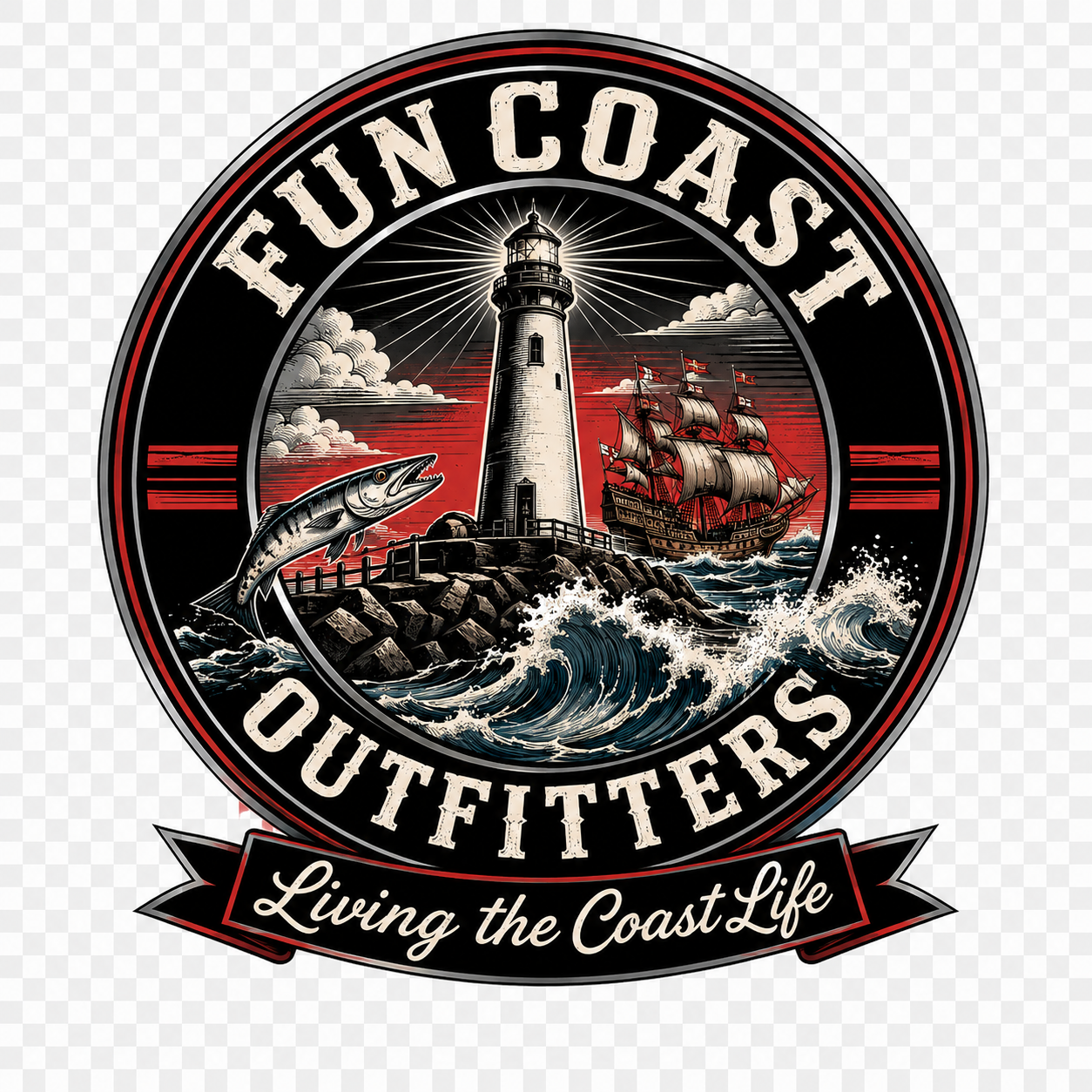 Fun Coast Outfitters badge logo – lighthouse, tall ship, fish, Living the Coast Life