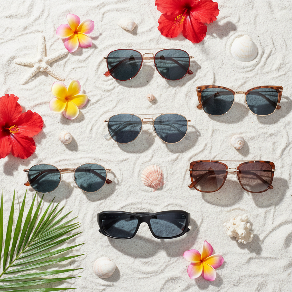 All 6 styles flat lay on white sand