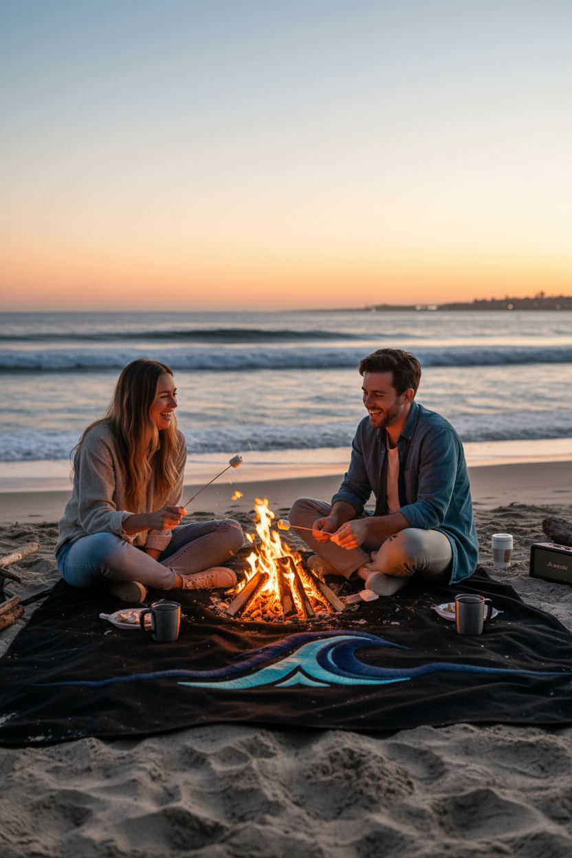Black blanket at beach bonfire at sunset