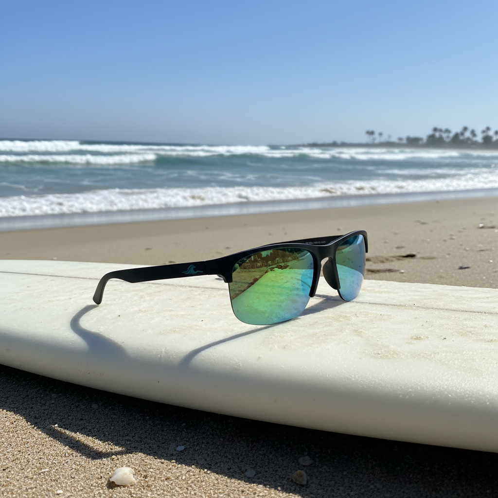 Black rimless — green mirror polarized — on surfboard