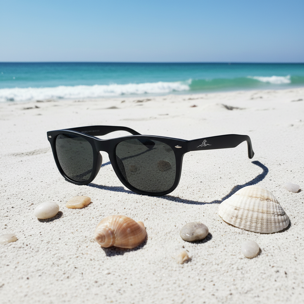Black wayfarer — polarized — beach flat lay