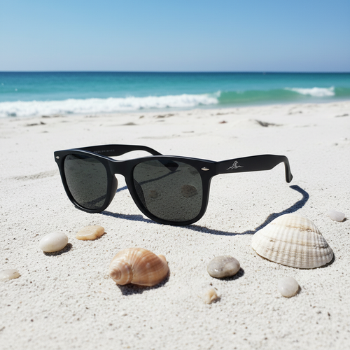 Black wayfarer — polarized — beach flat lay