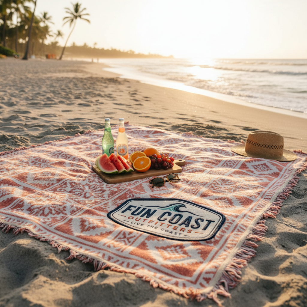 Coral geometric blanket with beach picnic