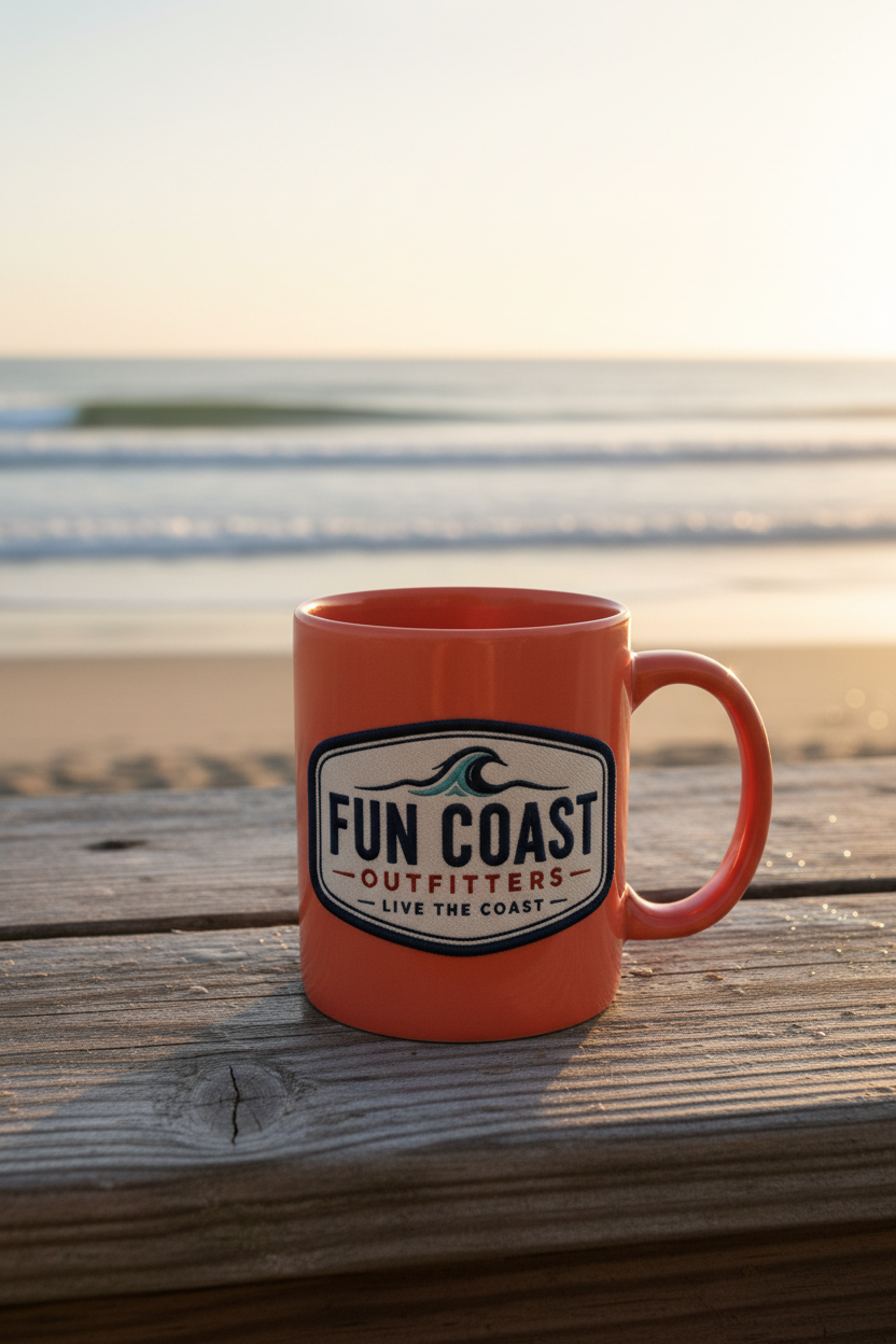 Coral orange mug on driftwood deck