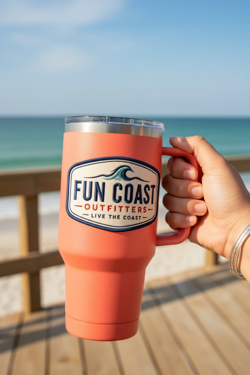 Coral orange tumbler on dock
