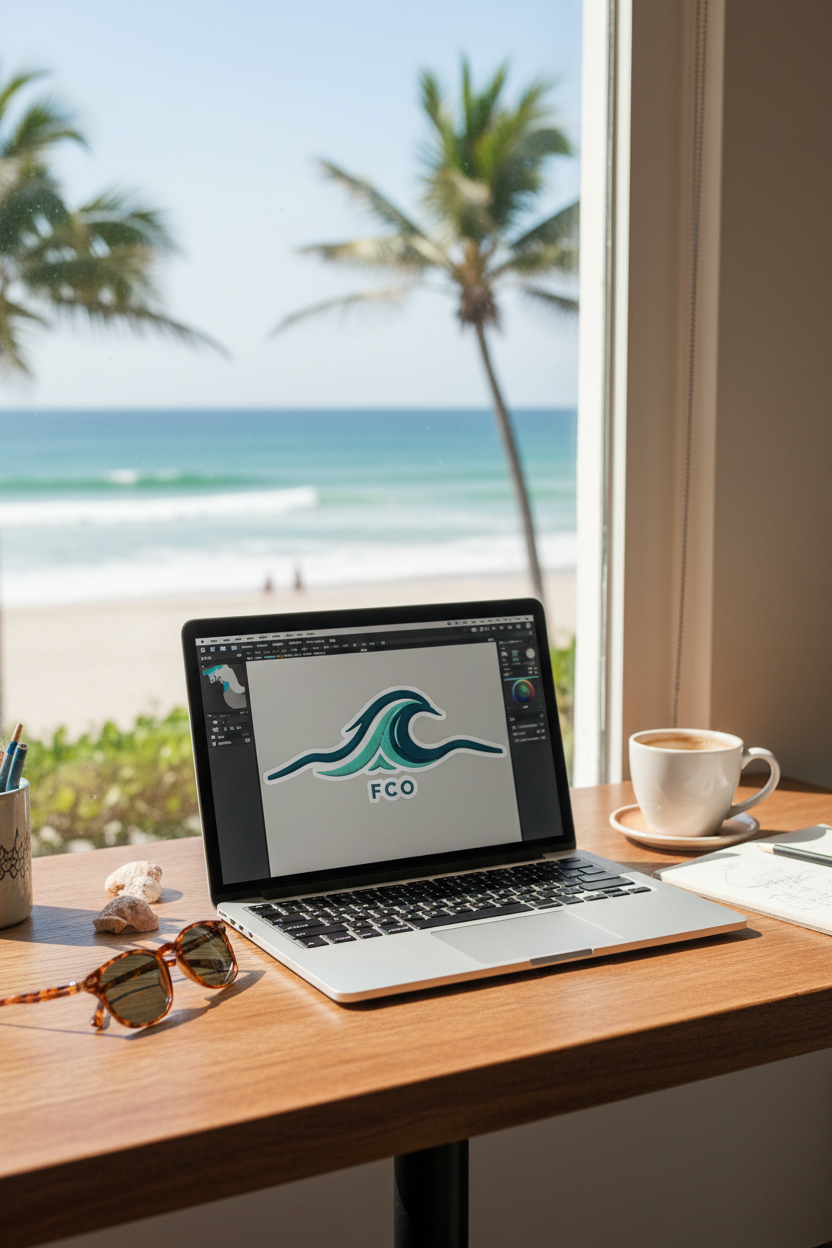Die-cut wave shape teal — MacBook laptop