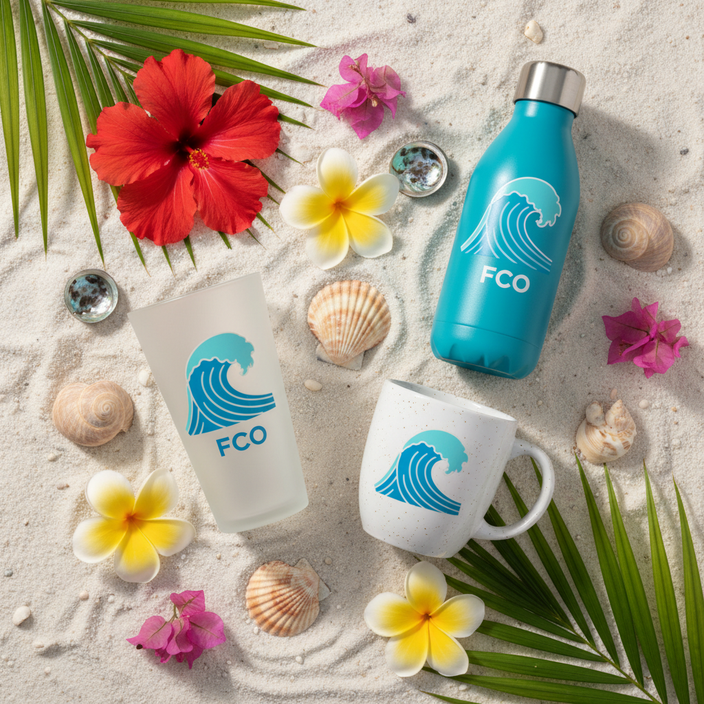 FCO drinkware collection flat lay on sand