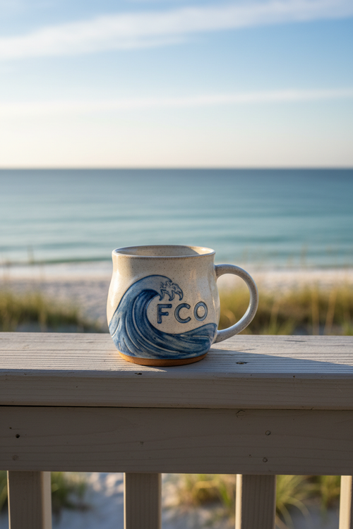 FCO mug on beach house porch with ocean view