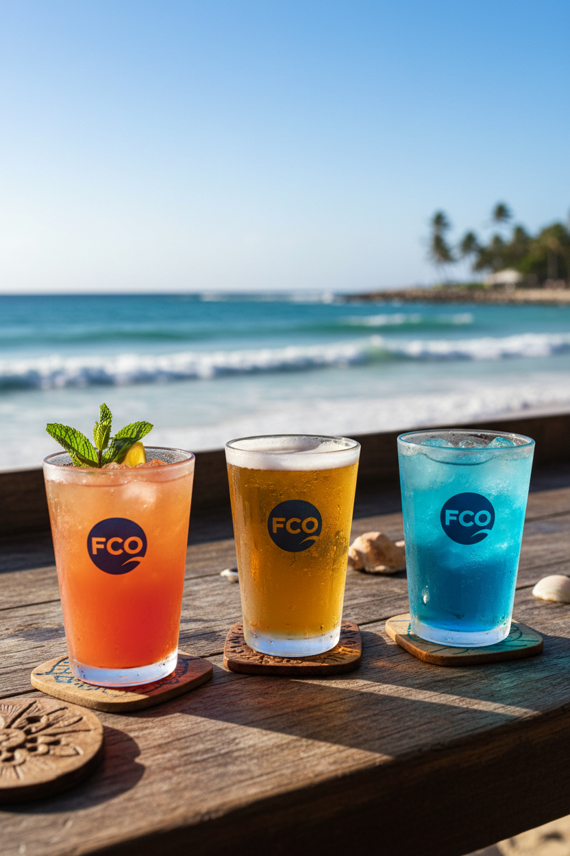 FCO pint glasses at beach bar