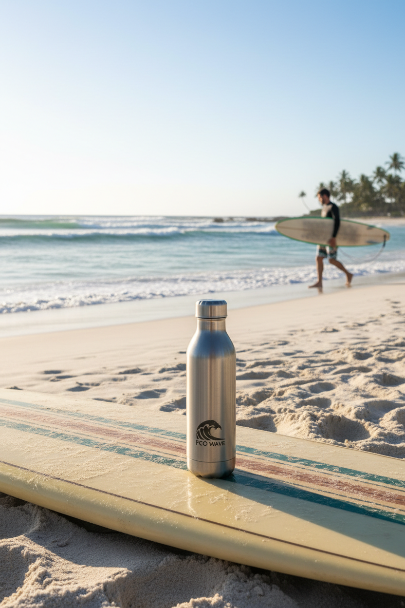 FCO water bottle on surfboard