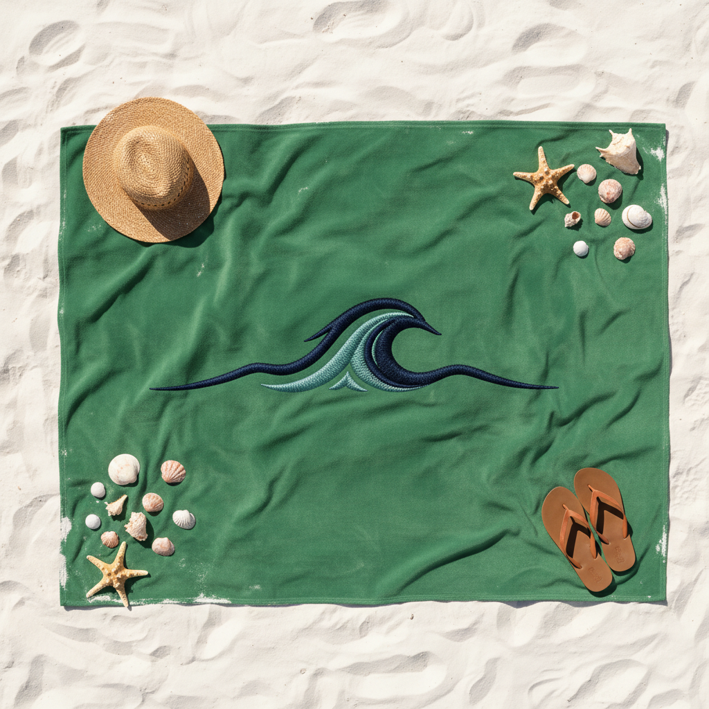 Forest green blanket aerial flat lay on sand