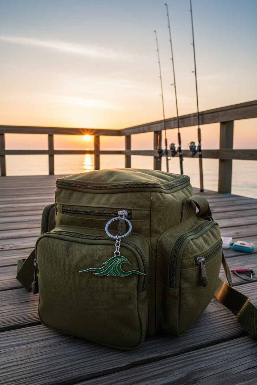 Forest green — fishing tackle bag on pier