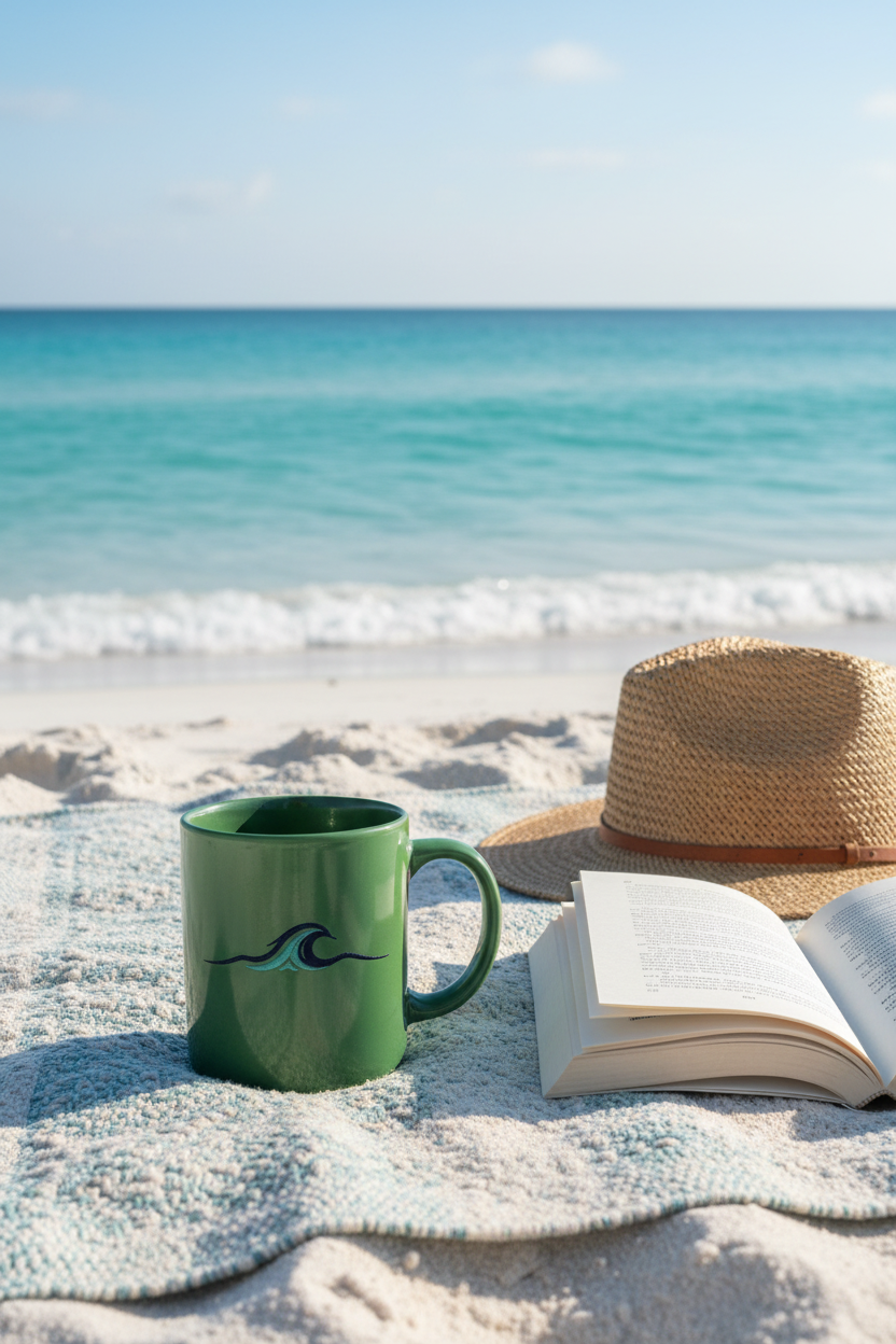 Forest green mug on beach blanket with book