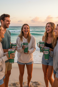 Forest green tumbler with friends at beach