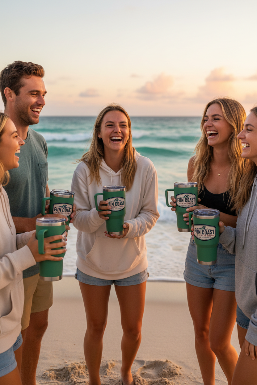 Forest green tumbler with friends at beach