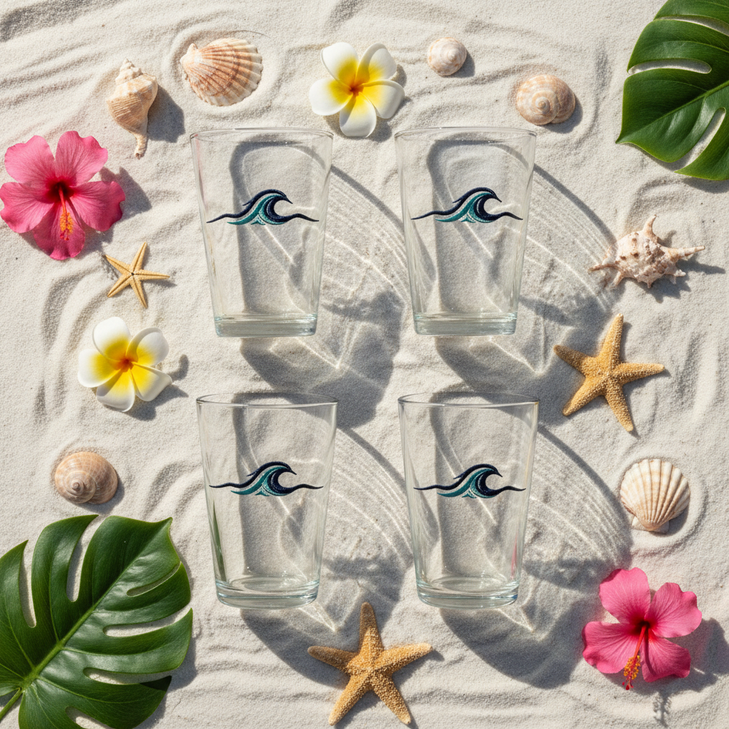 Four glasses flat lay on sand