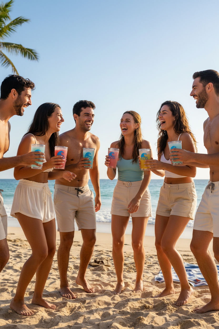 Friends at beach with tumblers