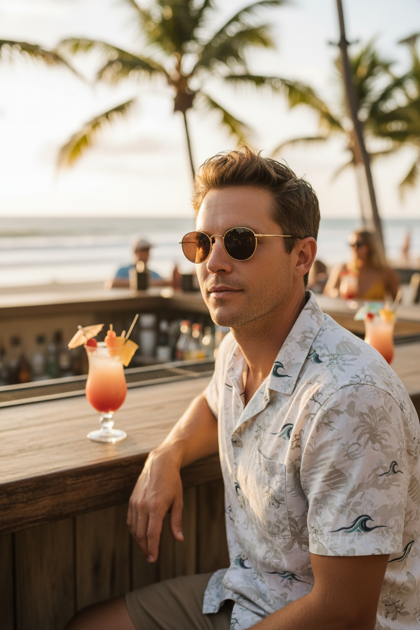 Gold retro round — brown gradient — beach bar scene