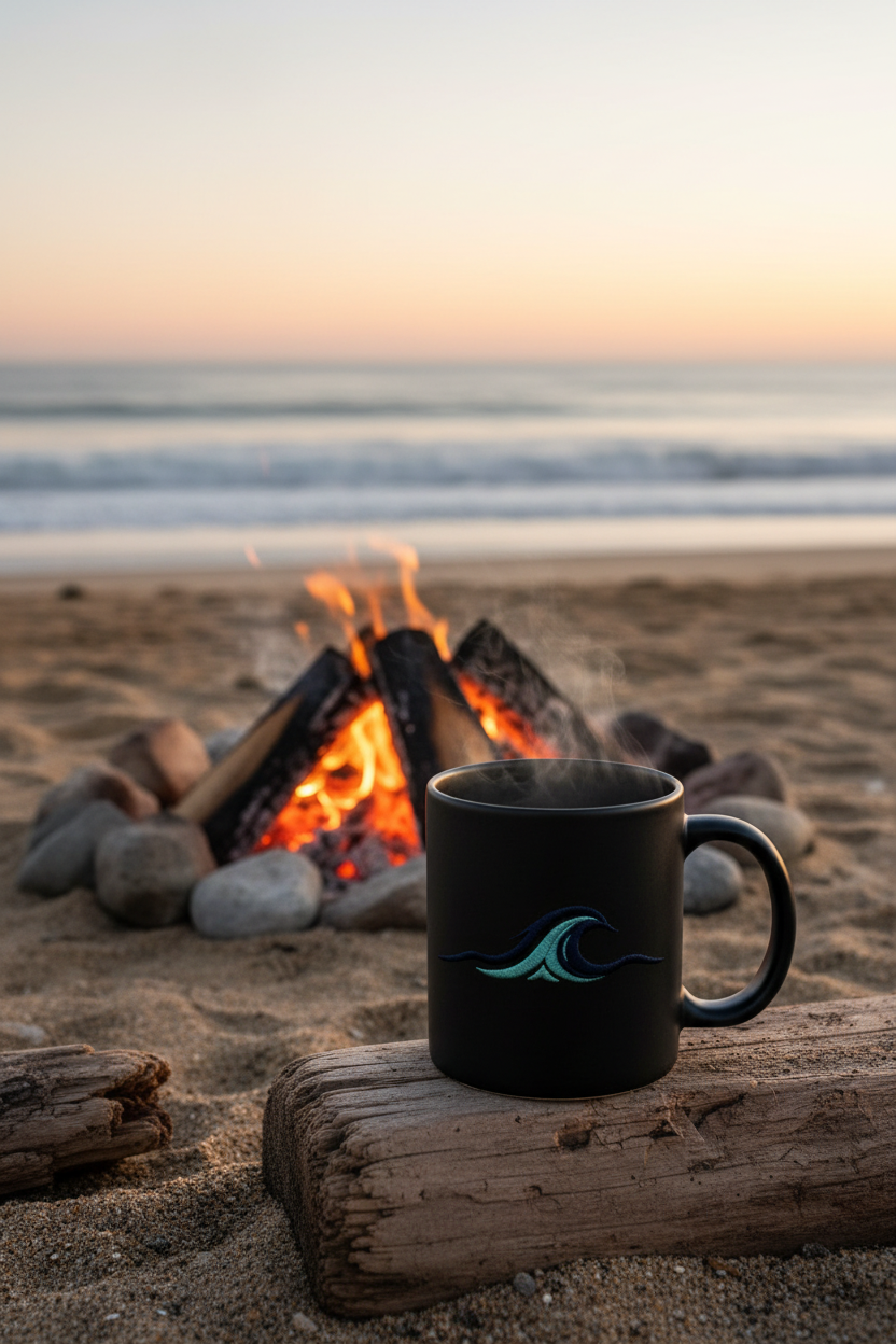 Matte black mug at beach bonfire at dawn