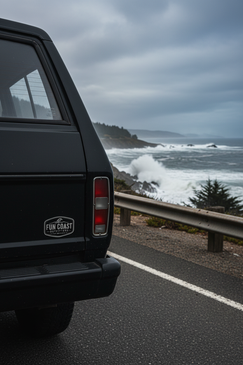 Matte black oval — car bumper coastal highway