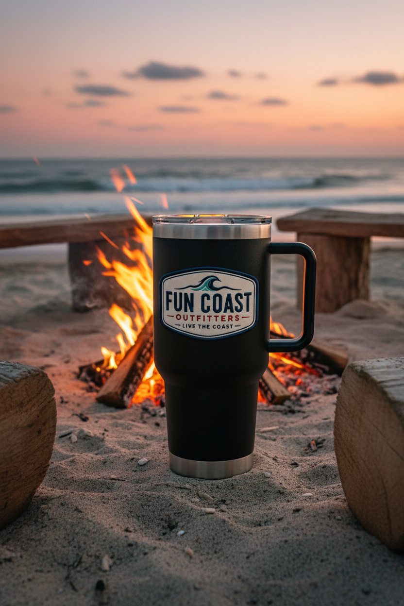 Matte black tumbler at beach bonfire