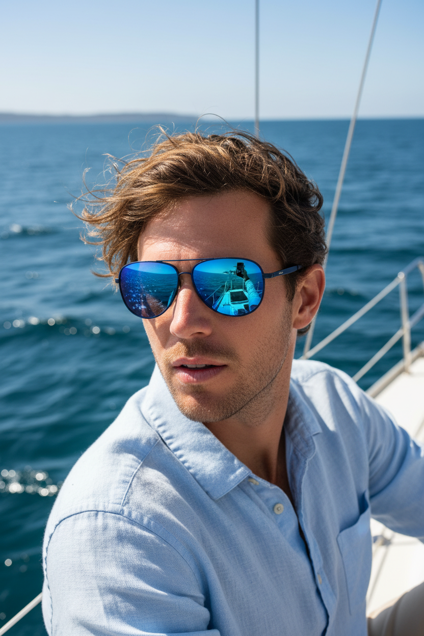 Navy aviator — mirrored blue polarized — man on sailboat