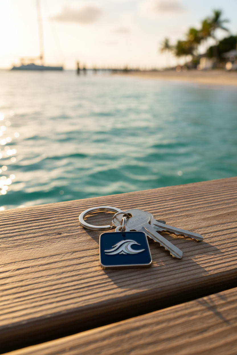 Navy enamel — boat keys on dock