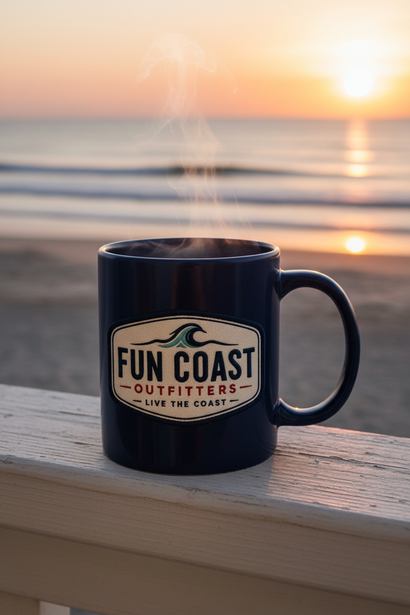 Navy mug on beach house porch at sunrise