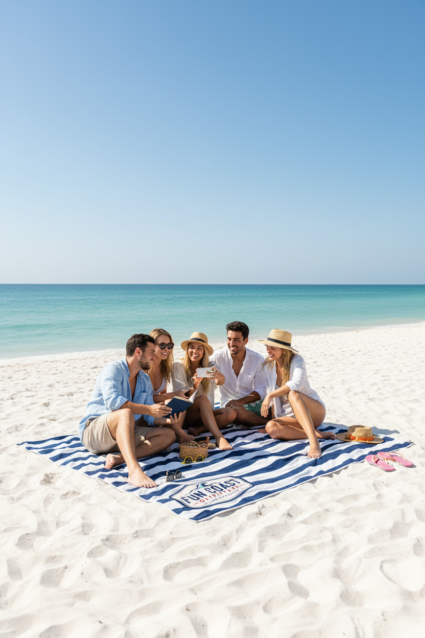 Navy stripe blanket with friends on beach