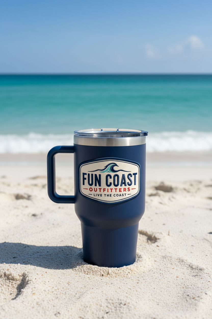 Navy tumbler on beach