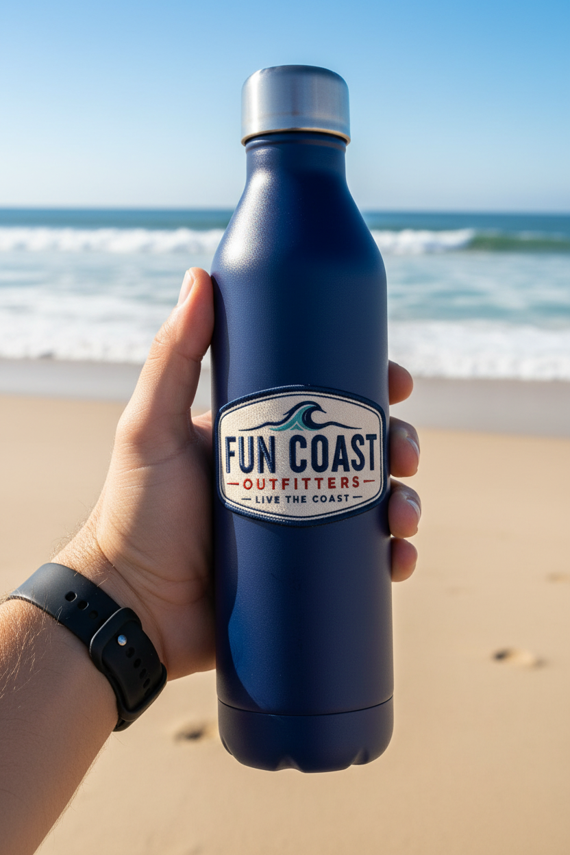 Navy water bottle with surfer on beach