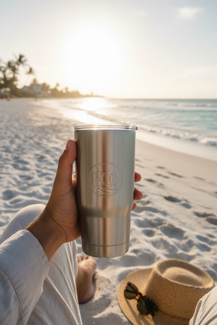 Person holding tumbler on beach