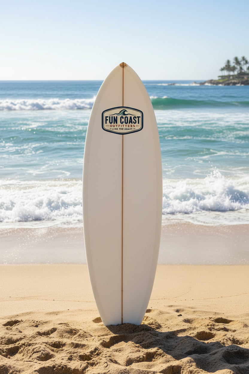 Rectangle coral "LIVE THE COAST" — surfboard nose