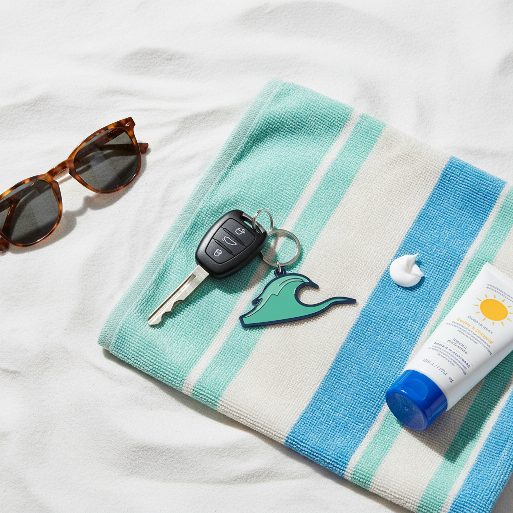 Seafoam green — car keys flat lay on towel