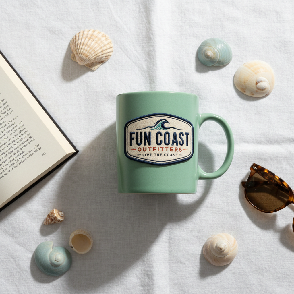 Seafoam green mug flat lay with seashells