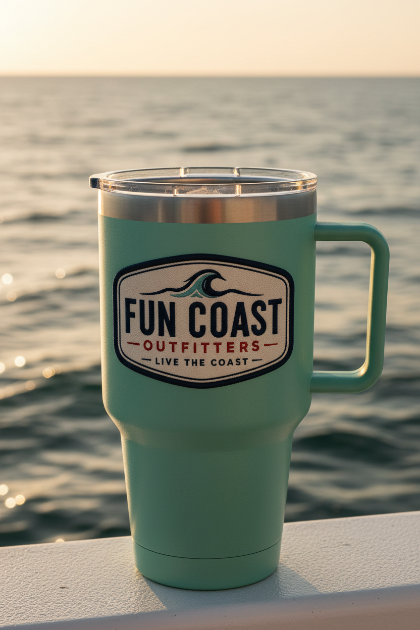 Seafoam green tumbler on boat