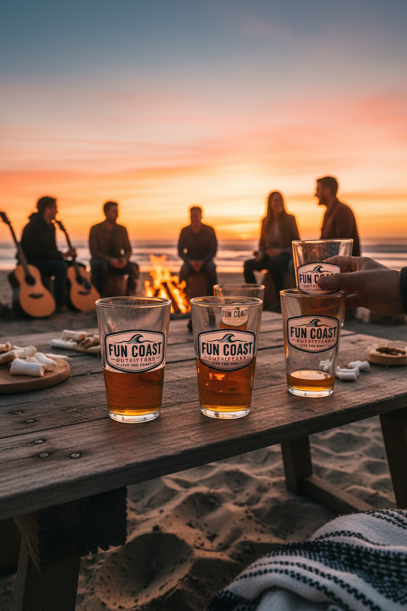 Set of four glasses at beach bonfire
