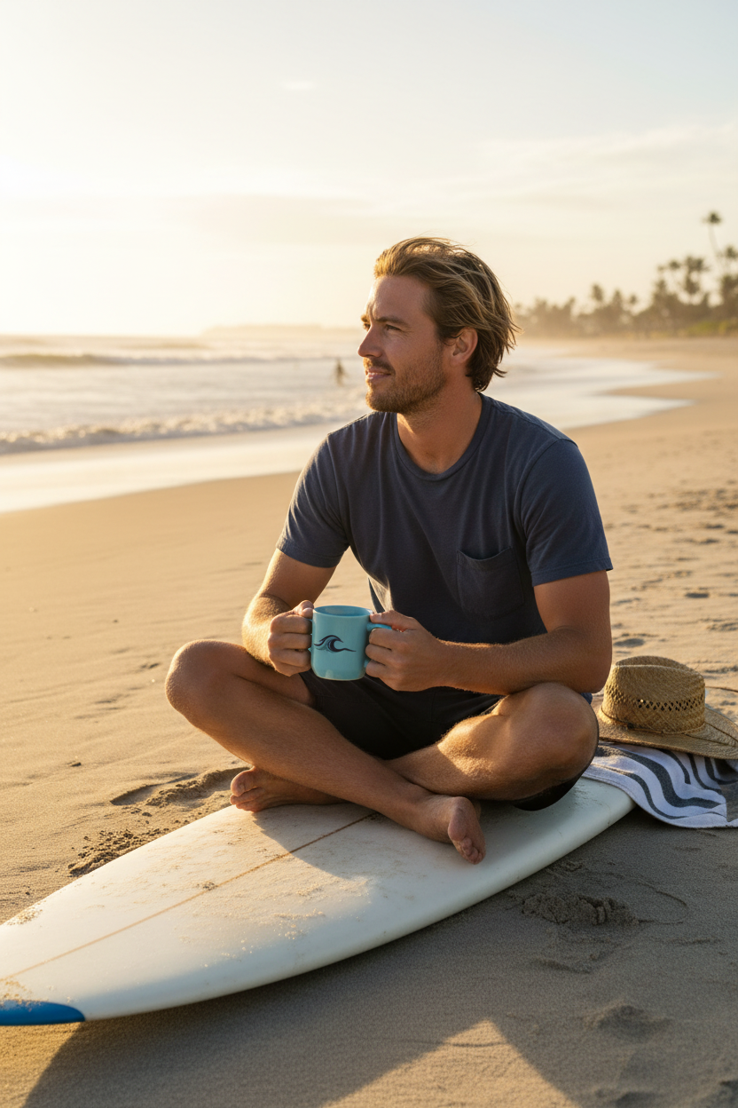 Sky blue mug with surfer on beach