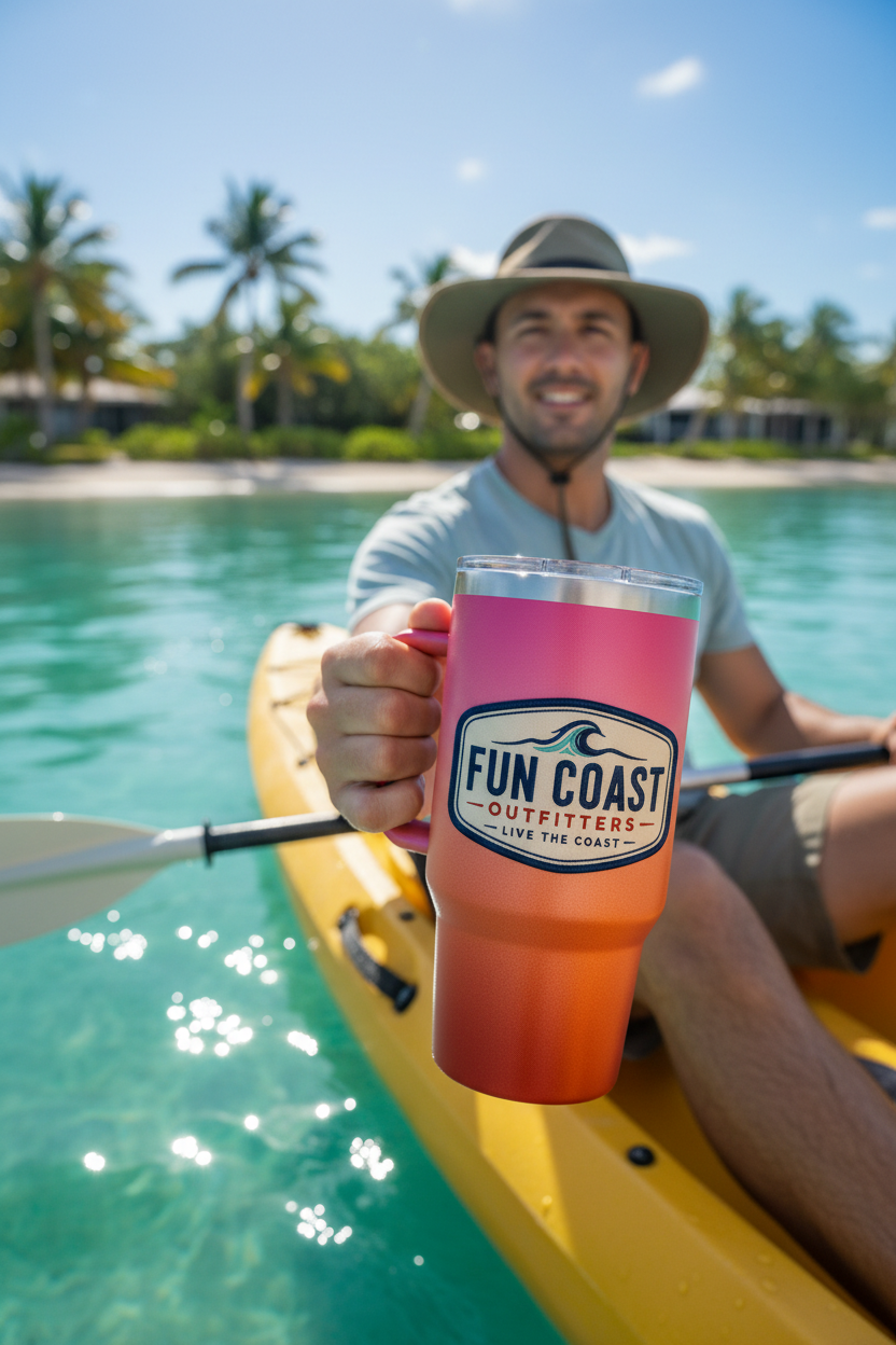 Sunset gradient tumbler on kayak