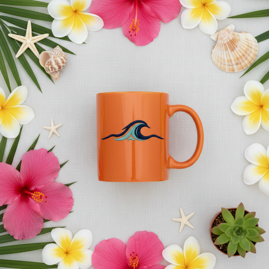 Sunset orange mug flat lay with flowers