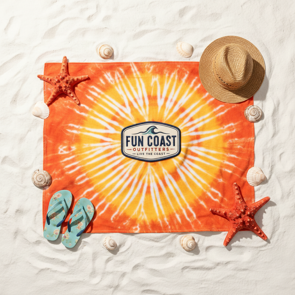 Sunset tie-dye flat lay on white sand