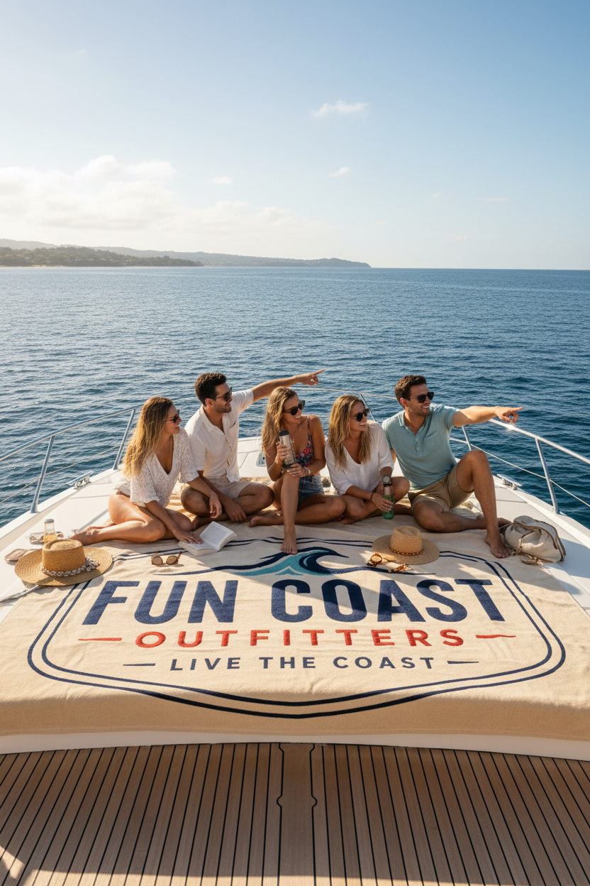Tan blanket on boat deck with friends