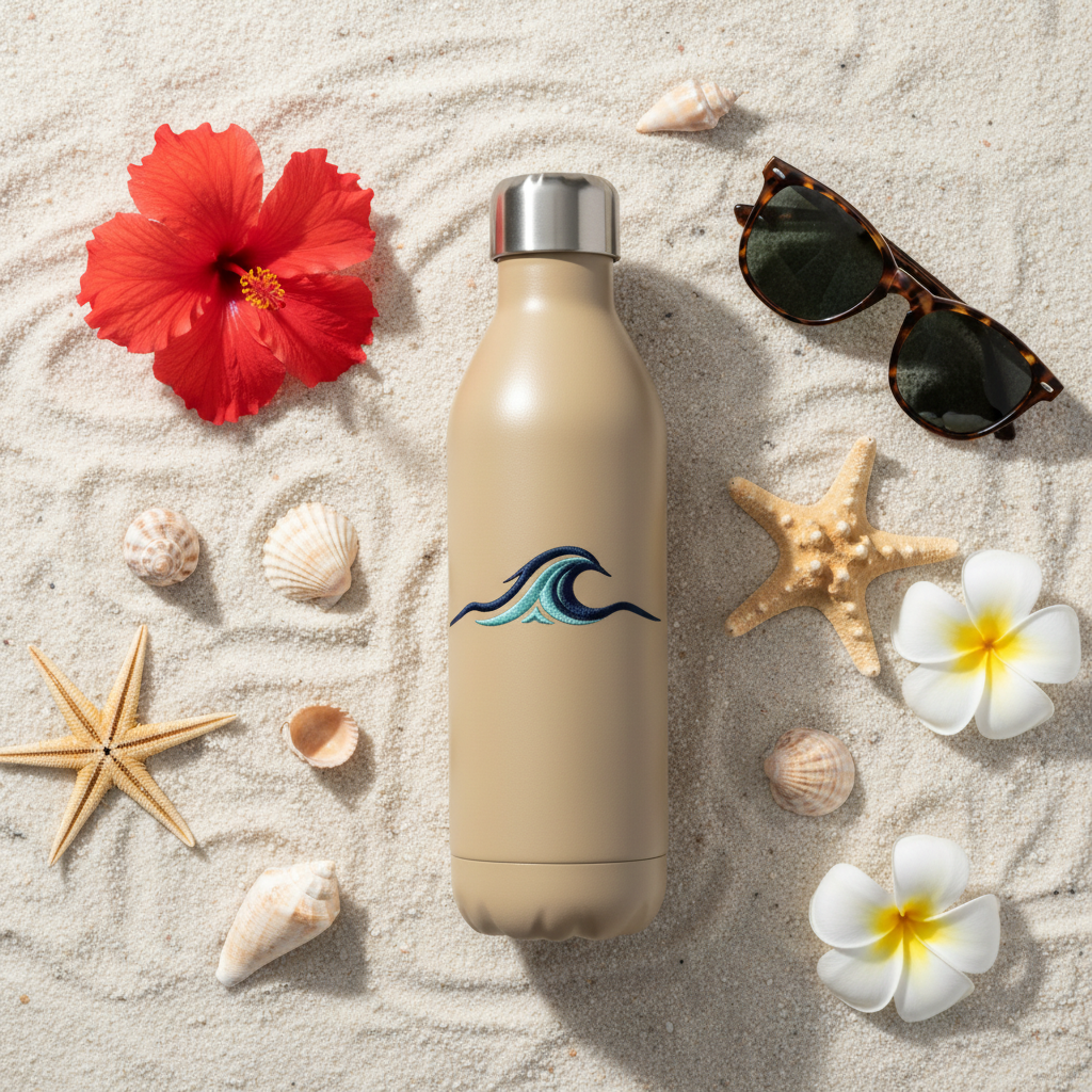 Tan — flat lay with seashells on sand