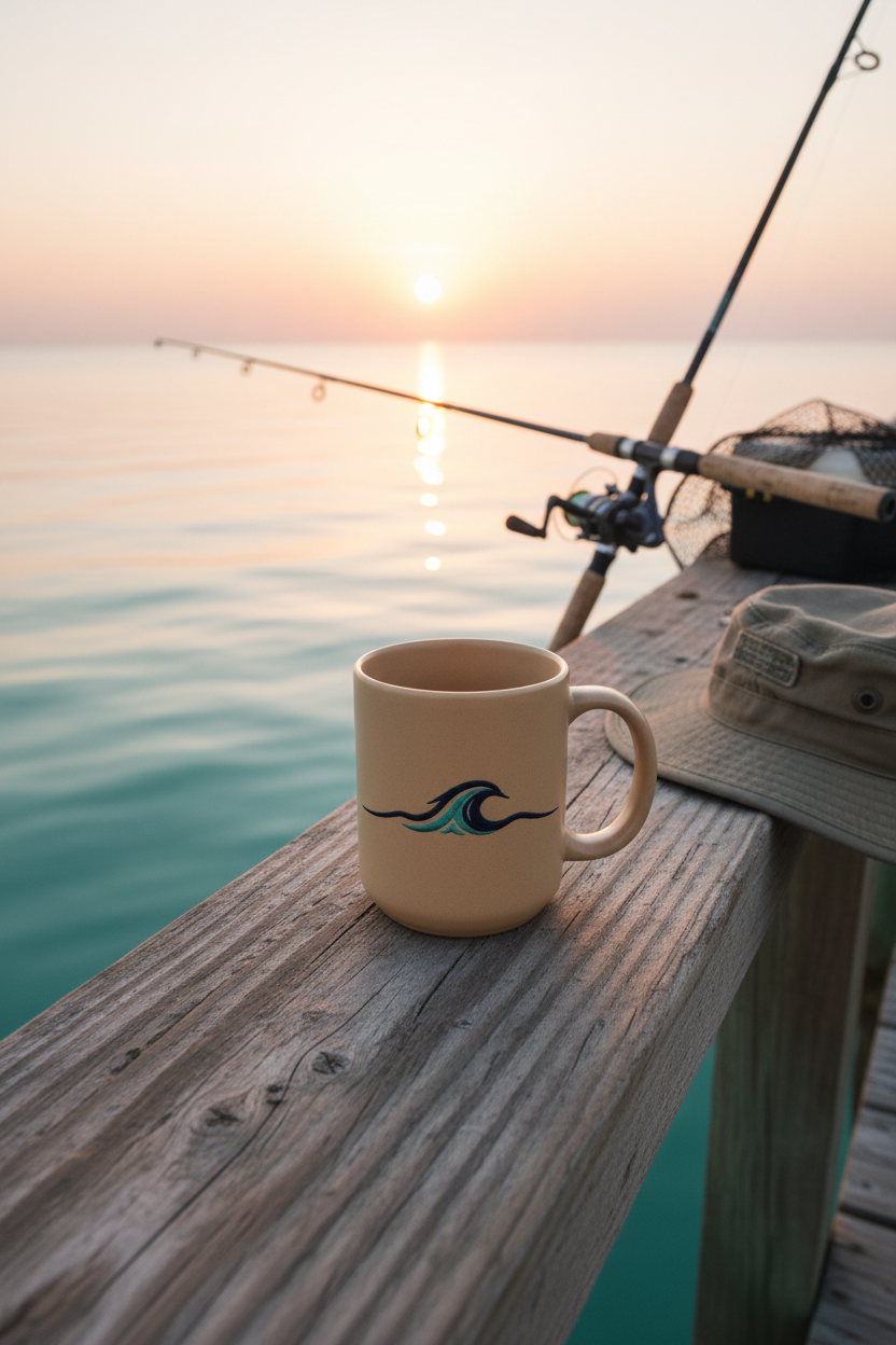 Tan mug on pier at sunrise