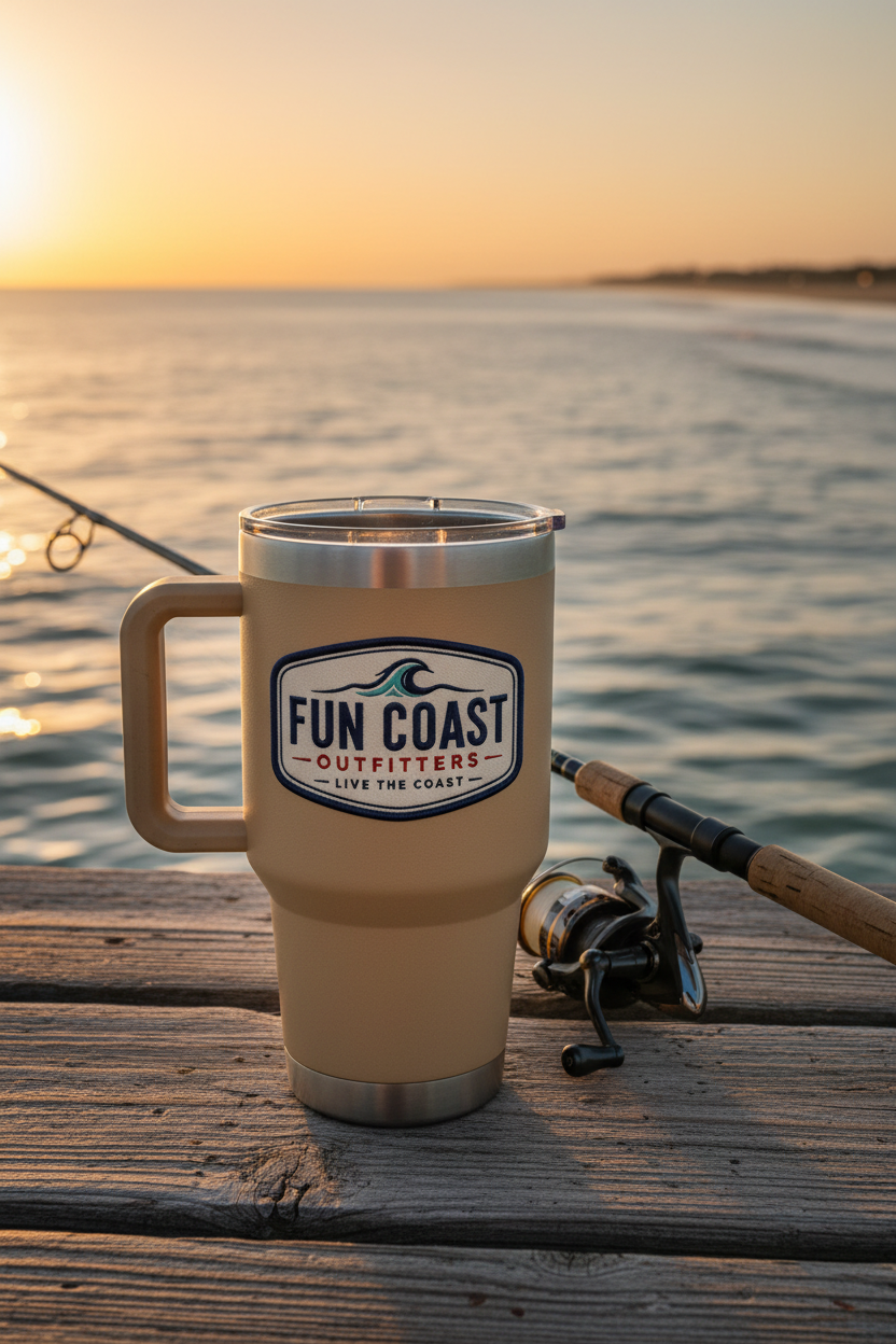 Tan tumbler on fishing pier